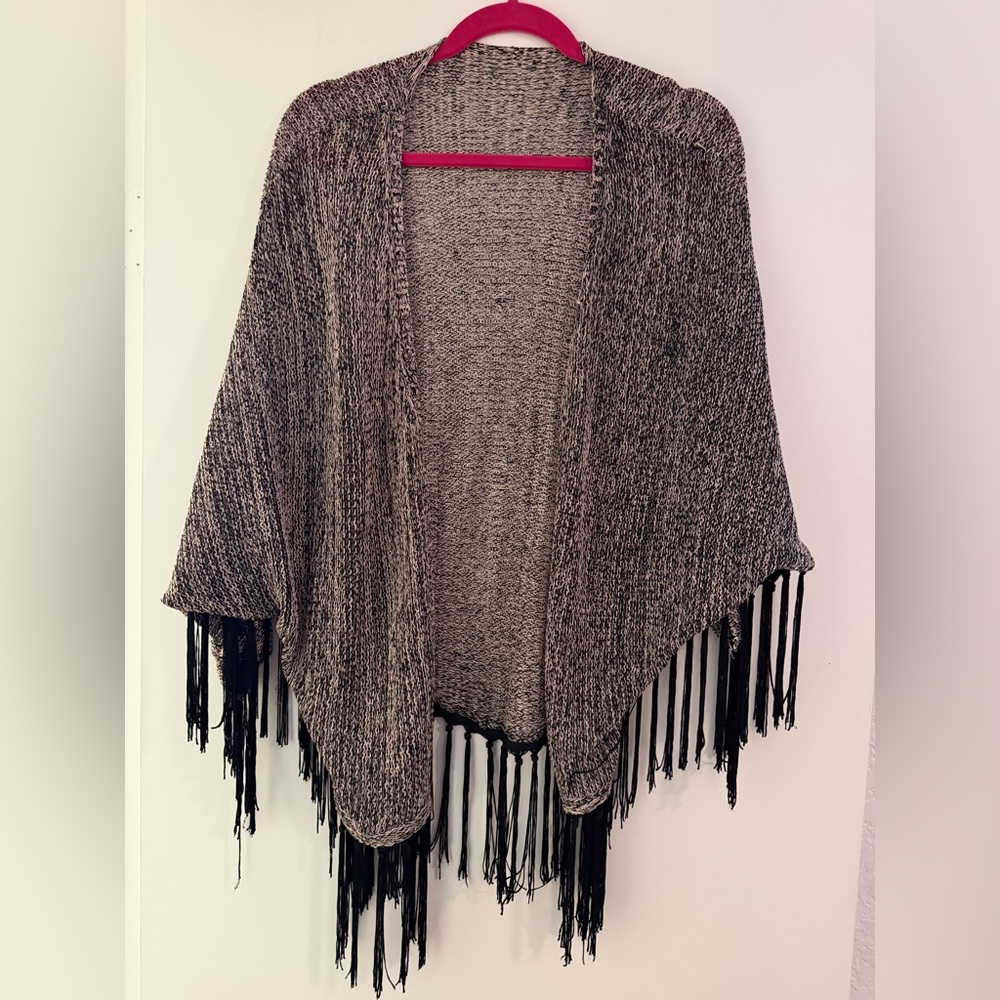 Fringed Open-Front Sweater shawl  - Black and Tan-Copper